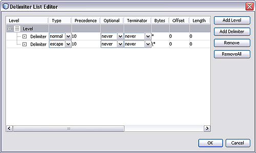 image:Image of Delimiter List Editor, illustrating Escape specification.