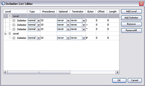 image:Image of Delimiter List Editor illustrating multiple delimiters.