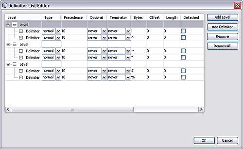 image:Image of Delimiter List Editor with multiple Levels and multiple Delimiters.