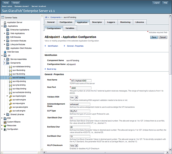 image:Image shows the Admin Console sun-hl7-binding Application Configuration window