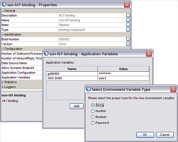 image:Graphic shows the HL7 Binding Component Runtime Properties Editor and the Application Variable dialog box.