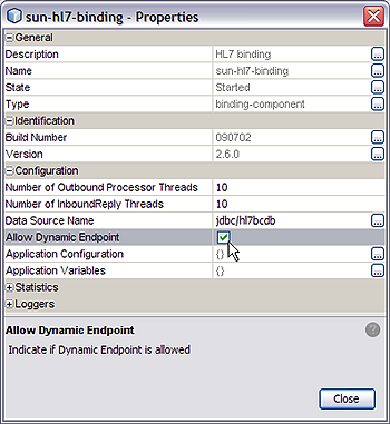 image:Image shows the HL7 Binding Component Runtime Properties Editor with the Allow Dynamic Endpoint property set to true