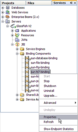 image:Image shows the sun-hl7-binding node in the NetBeans Services window