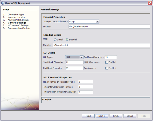 image:Image shows the General Settings page of the HL7 Bindings Wizard for the HL7 Outbound types.