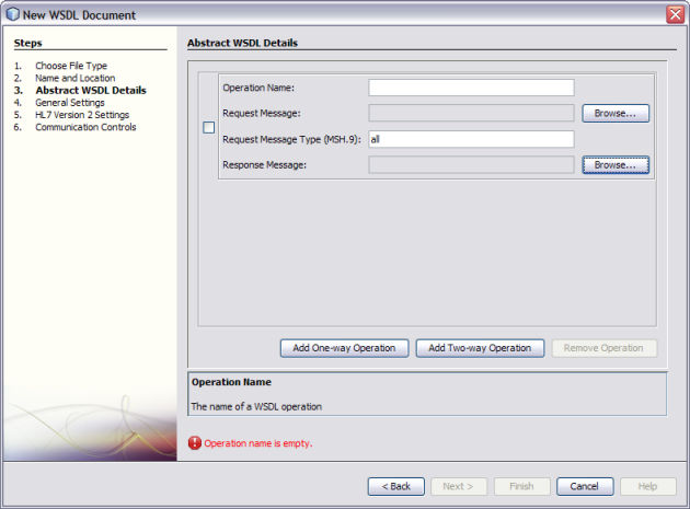 image:Image shows the Abstract WSDL Details page of the HL7 Binding Component Wizard.