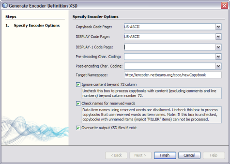 image:Image of the Generate Encoder Definition XSD dialog box