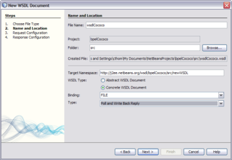 image:Image of the Name and Location page of the New WSDL Document Wizard