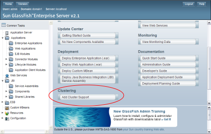 image:Figure shows the clustering option on the GlassFish Admin Console.