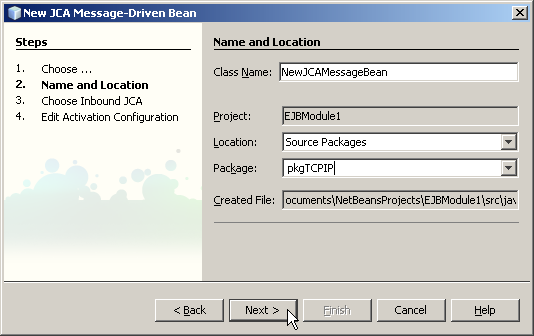 image:JCA Message-Driven Bean wizard: Provide Name and Location