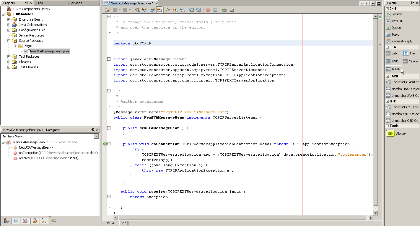 image:Dragging TCPIP from the JCA code palette.