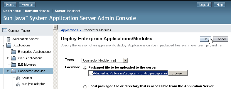 image:Deploying sun-tcpip-adapter.rar, the connector module for the TCP/IP JCA Adapter