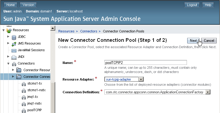 image:Step 1 of the New Connector Connection Pool wizard for the TCP/IP JCA Adapter