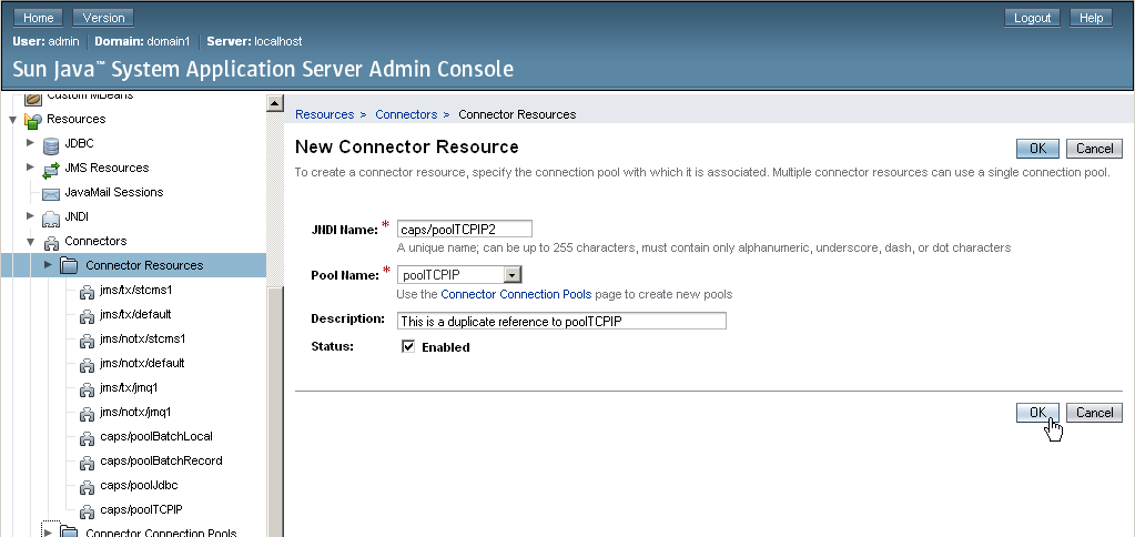 image:Admin Console creating a new connector resource for the TCP/IP JCA Adapter