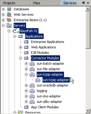 image:Seeing sun-tcpip-adapter in the NetBeans IDE under Servers -> GlassFish V2 -> Applications -> Connector Module