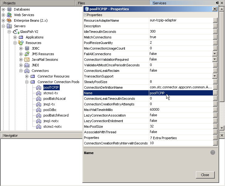 image:NetBeans IDE tree showing new connector connection pool for the TCP/IP JCA Adapter