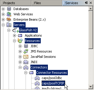 image:NetBeans IDE tree showing new connector resource for the TCP/IP JCA Adapter