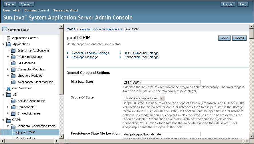 image:Admin Console: Editing the configuring properties for a TCP/IP Connector Connection Pool