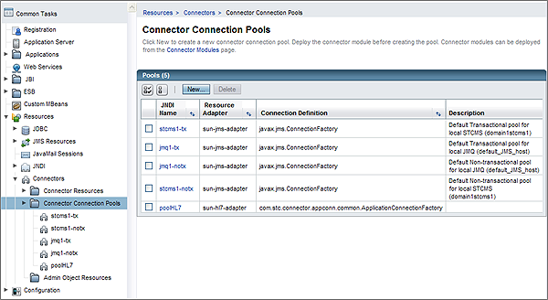 image:Admin Console: ESB (or CAPS) -> Connector Connection Pools 