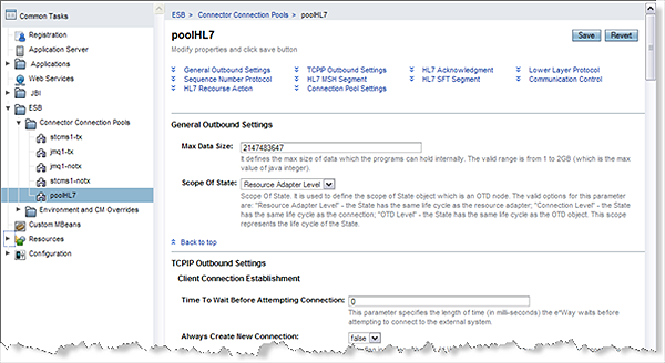 image:Admin Console: Editing the configuring properties for a HL7 Connector Connection Pool