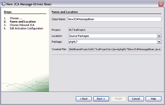 image:JCA Message-Driven Bean wizard: Provide Name and Location