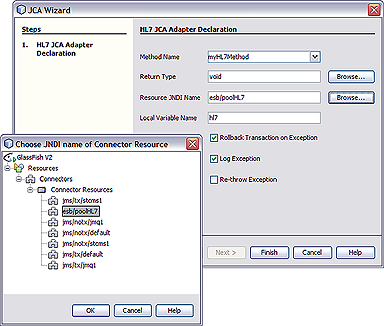 image:Image shows the JCA Wizard and brows window used to select the Resource JNDI Name for the adapter declaration.