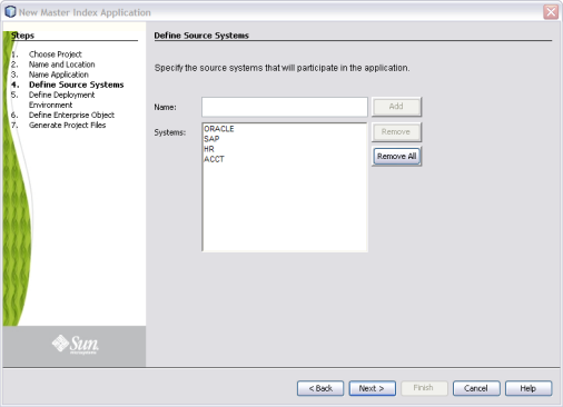 image:Figure shows the window on the wizard where you define source systems.