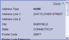 image:Figure shows the popup window that displays complete address information for a resulting profile from a search.