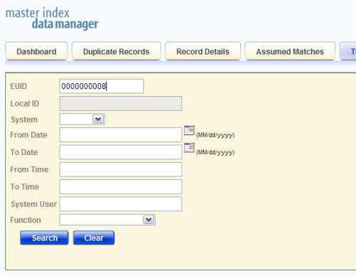 image:Figure shows the Transaction History Search page.