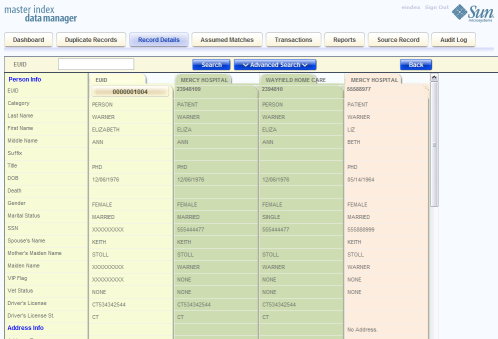 image:Figure shows a profile on the Record Details page with its source records displayed side-by-side.