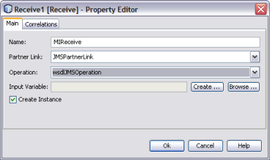 image:Figure shows the Property Editor for a receive activity.