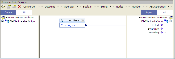 image:Image shows the bpDelete FileClient.receive -> FileClient.write rule in the Business Rule Designer.