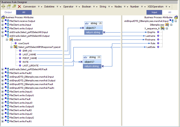 image:Image shows the Records found -> otdInputDTD_DBemployees.marshal rule in the Business Rule Designer.