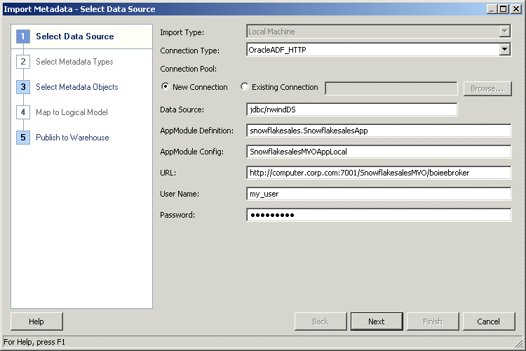 Shows the Import Metadata Wizard for an ADF data source.