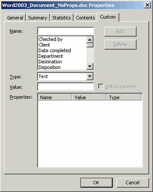 Graphic showing Word 2003 Doc without custom properties