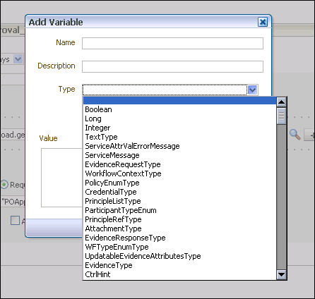 Add Variable Window with "Type" Dropdown List