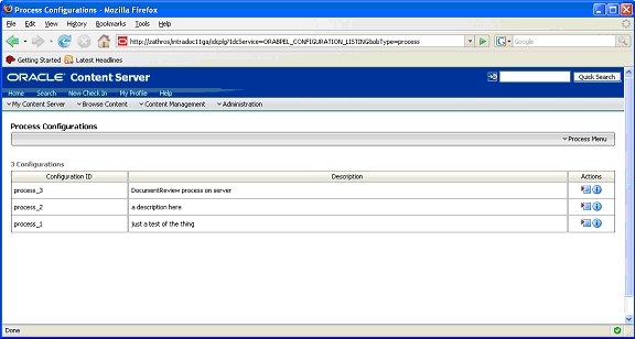 Process Configurations page