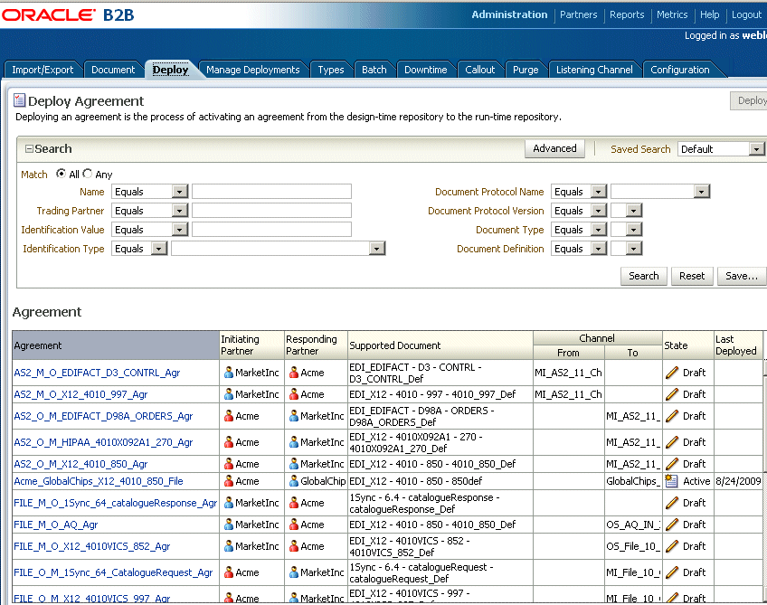 The Deploy tab-lists valid agreements