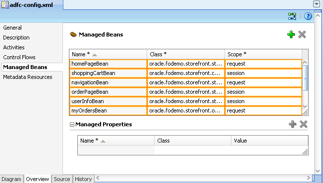 The JSF Configuration Editor shows all the managed beans