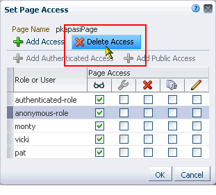 Delete Access option in Set Page Access dialog