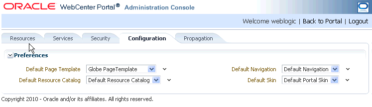 WebCenter Portal Administration Console - Configuration Tab