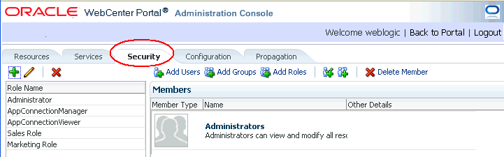 WebCenter Portal Administration Console - Security Tab