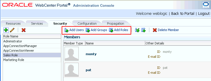WebCenter Portal Administration Console - Add Members