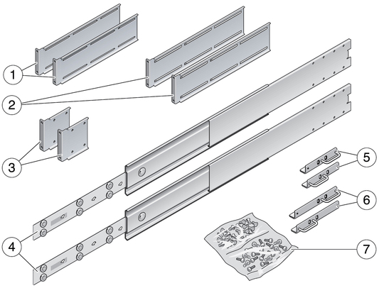 image:Figure showing the contents of the sliding rail 19-inch 4-post kit.