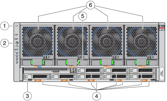image:Figure showing the front panel components, buttons and LED A12 on the server.