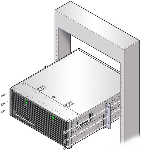 image:Figure showing how to secure the front hardmount bracket attached to the sides of the server to the front of the rack.