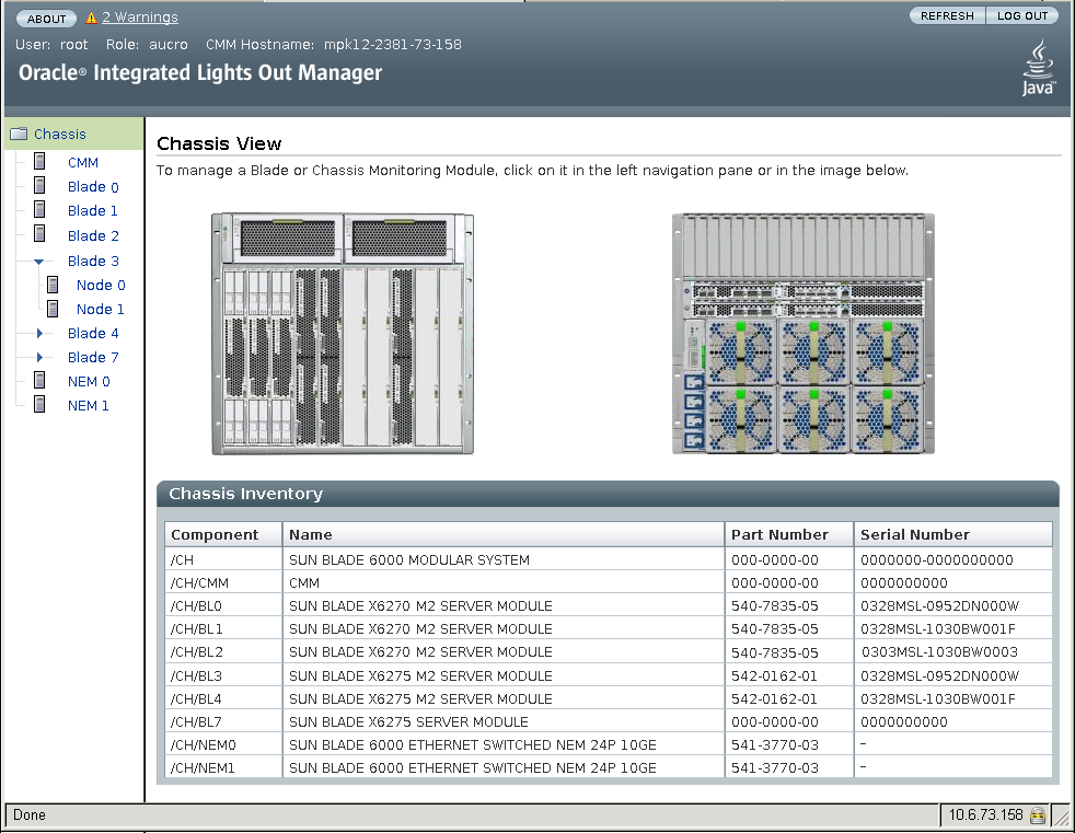 Illustration de l'interface Web ILOM du CMM montrant les lames à 2 nœuds.