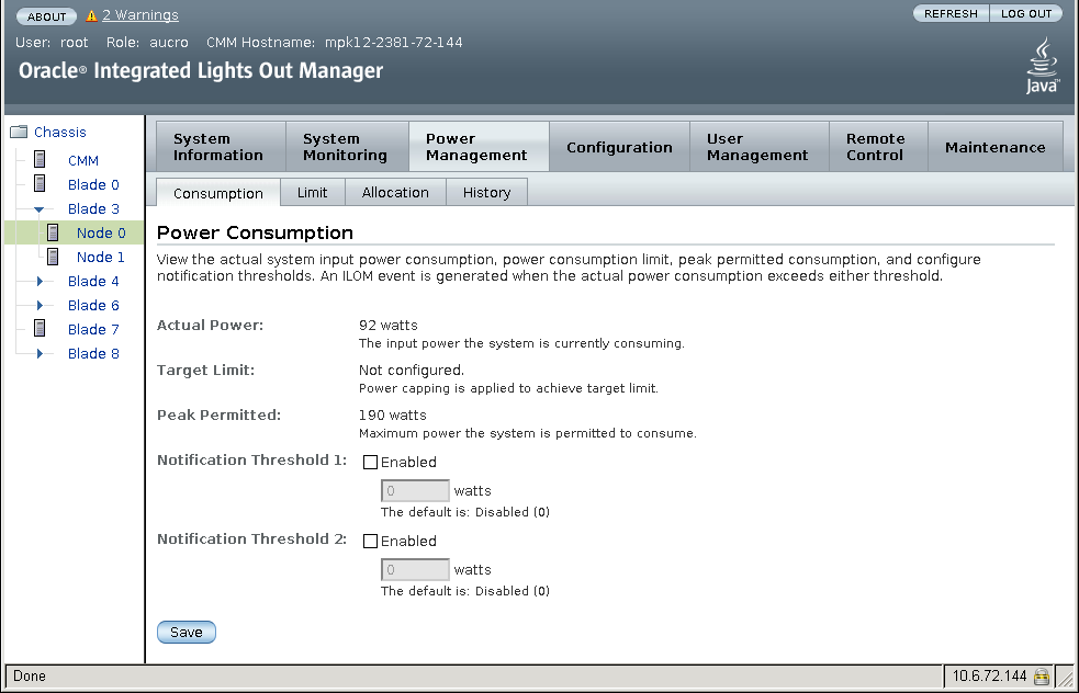 Illustration montrant la page Power Consumption (Consommation d'énergie).