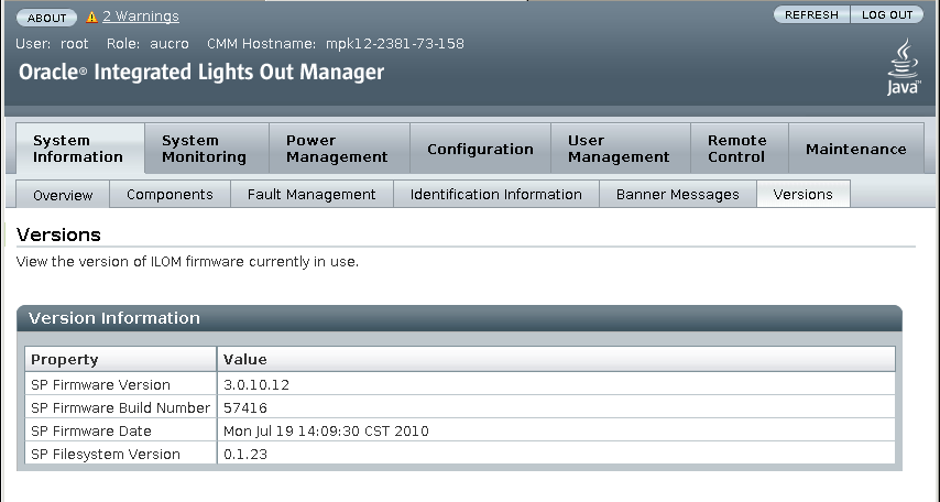 Exemple d'écran ILOM Versions.
