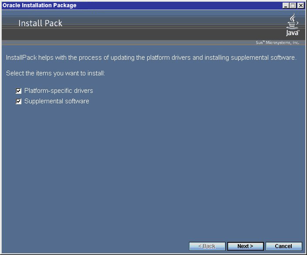 Imagen del cuadro de diálogo Sun Server Installation Package (paquete de instalación del servidor Sun)