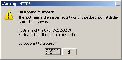 Hostname Mismatch 대화 상자를 보여 주는 그래픽.